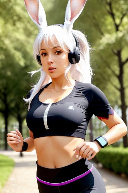 ffviera  <lora:ffviera:1>, (masterpiece), (best quality), jogging through the park, loose cropped shirt, expressive eyes,  tight running shorts, wearing headphones