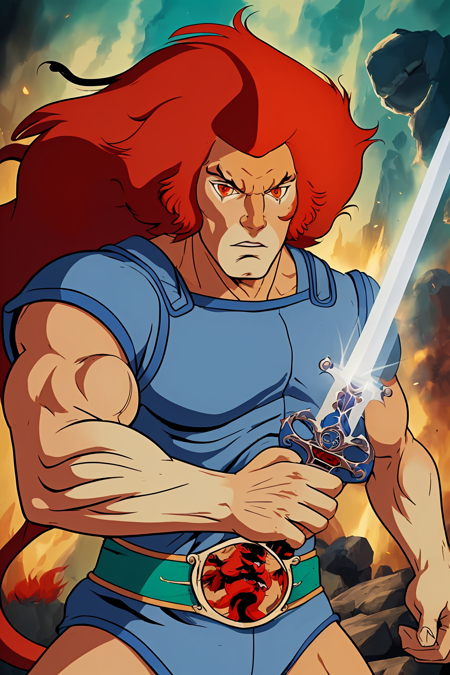 Lion-oQuiron character red hair blue outfit sword