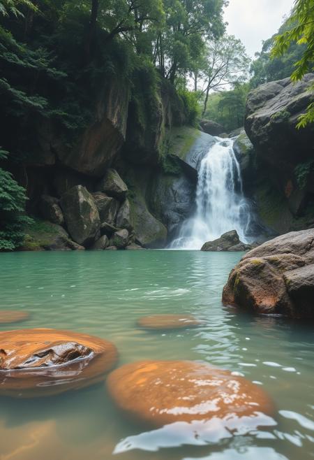 webm, a lake in a jungle, with big rocks and a waterfall, water moving,