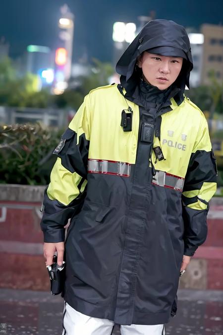 copcop,raincoat,yellow fluorescent,Create a realistic image of a police officer performing his patrol duties. The scene should be ultra-realistic, with a high level of detail in the officer and the surrounding environment. The officer's alertness should add a serious element to the scene. The lighting should be bright and direct, illuminating the scene and casting dramatic shadows. The colors should be a mix of the cool blues and blacks of the officer's uniform, the colors of the cityscape, and the natural hues of the day. The composition should be a close-up shot of the officer, with the cityscape visible in the background. Use a high-resolution camera with a fast shutter speed to capture the action,metal steel building,, (masterpiece:1. 0), (best quality:1. 4), (ultra highres:1. 2), (intricate details:1.3), (soft focus:1. 4), (sharp focus:1. 4),Raw photo,1man,