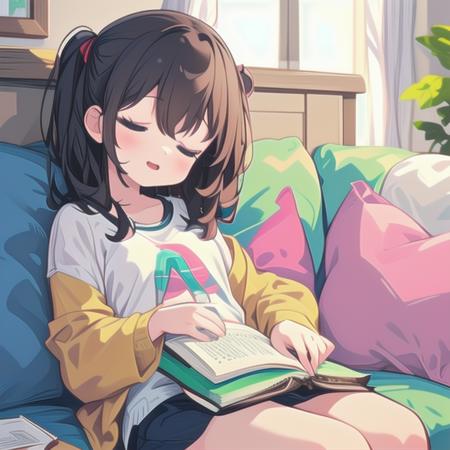 1girl, <lora:SleePeace2:1.2>, sleepeace, sofa, sitting, holding book, open_book, head_tilt, backlighting,