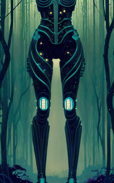 concept art 1girl, sexy, naked,(masterpiece:1.2), (A weathered android stumbles through a bioluminescent forest, their polished chrome plating reflecting the otherworldly glow of the flora, Emphasize the interplay of technology and nature, with moss growing over exposed wires and intricate circuitry peeking through broken armor, High contrast, vibrant colors, bokeh, soft focus:1.1), (art by Karel Thole:1.4), (hyperdetailed:1.1), (intricate details:1.0), (Refined details:1.1), (best quality:1.1), (high resolution:1.2) . digital artwork, illustrative, painterly, matte painting, highly detailed