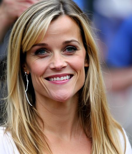 photo of reese witherspoon wearing a tight white t-shirt, blonde, long hair, attractive, thirties, outdoors, natural lighting, earrings, photograph, ultraskin, good looking, pixma, canon, nikon, kodak, pretty, beautiful, skin detail, thirty years old, reese witherspoon