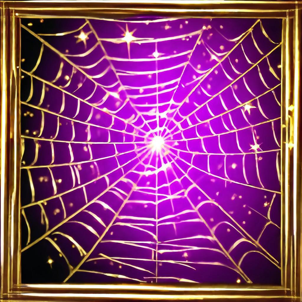 Black to purpure gradient background, golden frame, close-up spider web, sparks, golden stars, magic, casting spell