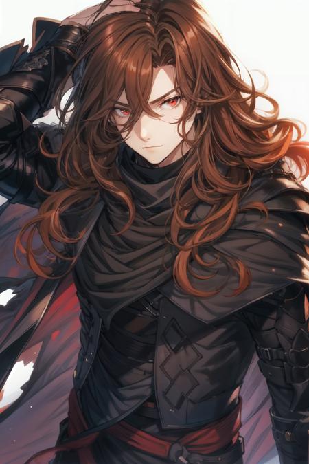 1boy, arm_up, armor, belt, brown_hair, cape, closed_mouth, fur_trim, hair_between_eyes, hand_in_hair, long_hair, looking_at_viewer, male_focus, red_eyes, simple_background, solo, upper_body, white_background