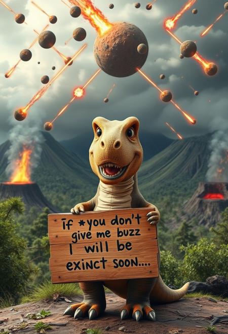 “A friendly, dog-like T-Rex standing upright, holding a hand-painted wooden sign that reads: ‘If you don’t give me buzz, I will be extinct soon…’. The T-Rex has a goofy, endearing smile and wide, sparkling eyes that make it look as lovable as a playful dog. The prehistoric setting features lush greenery and steaming volcanoes, but the sky is chaotic, filled with a plethora of smaller burning asteroids streaking down toward Earth, leaving fiery trails behind. The looming disaster contrasts hilariously with the T-Rex’s cheerful, oblivious demeanor, making the scene both comedic and slightly apocalyptic.”