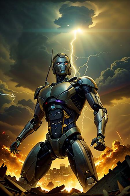 a (giant war robot with iron muscles, color wires and transparent panels and led lights) BREAK
wearing a (cybernetic armor) with sharp spikes, combat pose BREAK
rampaging in a (large city), destroyed buildings and (atomic explosions), piles of rubble on fire BREAK
in a storm night with thunders in the distance BREAK
photo realistic, 24mm, dolly zoom, dutch angle, cinematic look, lens flare, sharp focus, intrincate details, volumetric light