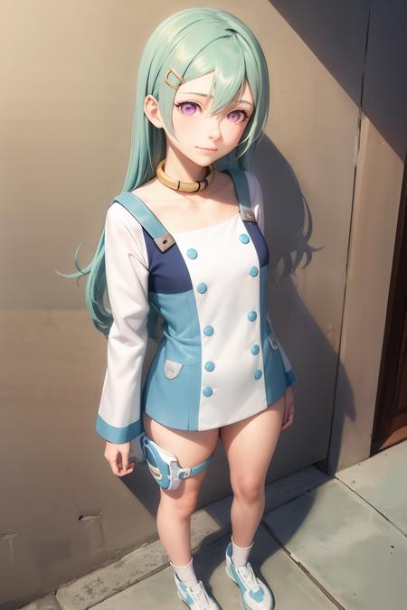 masterpiece, best quality,  <lora:eureka:1>,1girl, solo, long hair,(bangs:1.4), hair ornament,little smile, purple eyes, hairclip,aqua hair,thigh pouch, thigh holster,white footwear, blush, closed mouth, collarbone, collar, buttons, blue hair, dress, pink eyes, green hair, shirt,  alternate hairstyle,full body