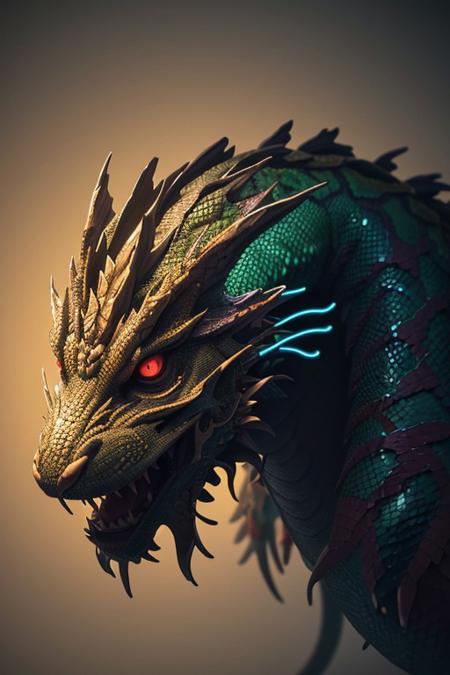 Asian dragon , green, red, gold snake gradient vibrant neon colour, rough, textural, broad brush strokes, red color prominent detailed, alienzkin, silhouette, spotlight, dark theme, c4d, blender, raytracing, unreal engine 5, render 3d, face close up,  from above,