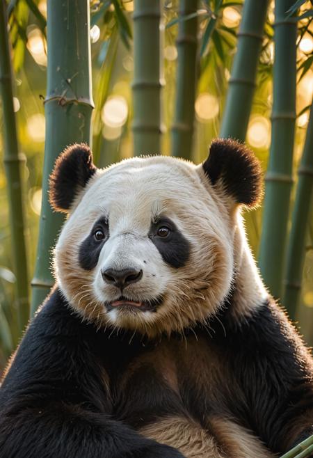 wildlife photography of a peaceful giant panda resting in a bamboo grove, captured from an intimate close-up perspective, bathed in the golden hour light casting a warm glow, inspired by the aesthetic of beverly joubert's iconic wildlife portraits