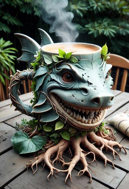 masterpiece, absurdres, highly detailed, q2wz2, foliage-and-roots, a shark as a mug in mobe-ancofmu style made entirely from roots and foliage, wearing a collar with a bell, smile, steaming coffee, looking at viewer, outdoors, patio table, winter, from above,