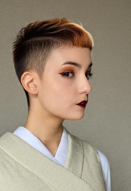 Pentax Asahi (1957), hard shadows, (photo of a woman), leaning forward, full view of woman's face, eye contact, good posture, extreme undercut pixie haircut, combed in right-side part, (skin fade), dark severe shaved sides and back of head,  ginger hair, eye contact, , BREAK (Raspberry Textured layers),Icebound ship, (Ivory Nebula cape), gray sleeveless dress, <lora:Anna:1.35>