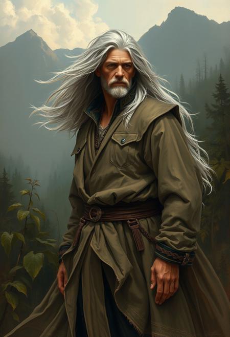 A noble figure with flowing silver hair, stylized figurative painting, muted earth-toned palette, emotional realism, lush natural landscapes, detailed foliage, expressive body language, atmospheric lighting, vintage fashion, painterly texture, Hudson River School influence, romantic wilderness, elegant composition, soft brushwork, contemplative mood, urban characters in nature, luminous skies, timeless tranquility, quiet introspection, refined naturalism, narrative ambiguity