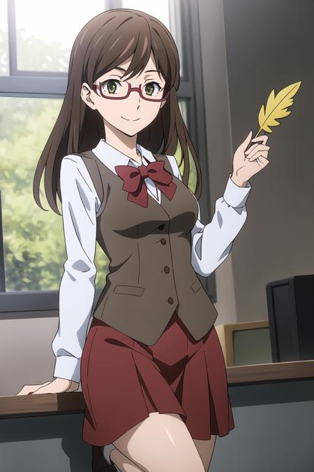 masterpiece, key visual, 1girl, kirako_haruno, glasses, olive green eyes, long hair, medium breasts, office uniform, vest, smile, Jumping, pretending to catch a floating feather