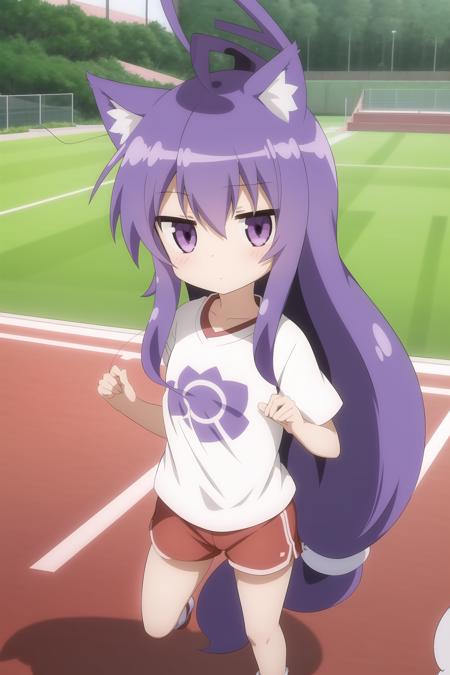 1girl, tsumiki_miniwa, purple hair, full body, little girl, long hair, ahoge, sport clothes, white t-shirt, red shorts, school stadium, kemonomimi, round animal ears, cat tail