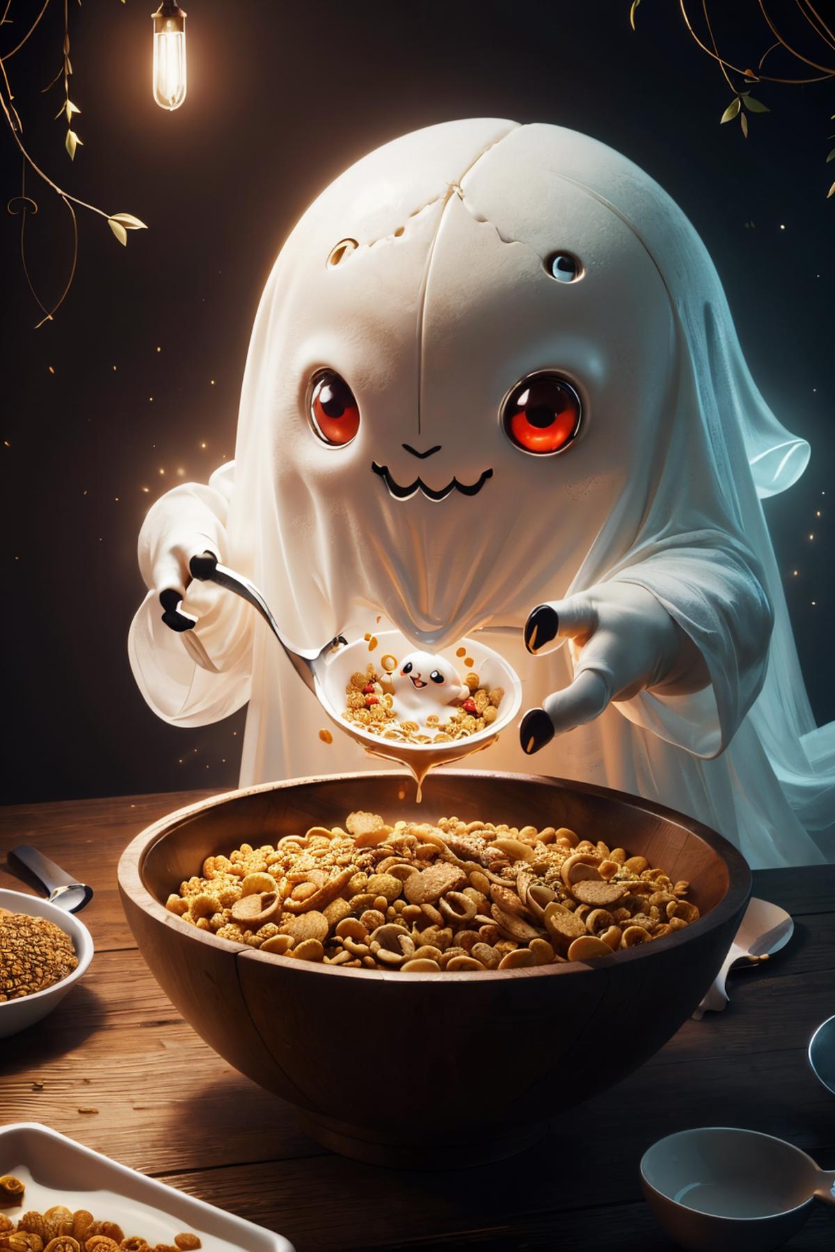 A ghost character is eating cereal in a bowl.