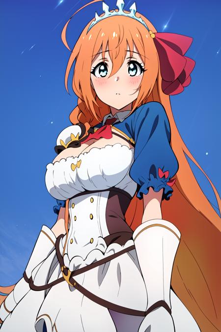 princess connect redive anime lineart, peco, orange hair, long hair, ahoge, 1girl, tiara, blue eyes, cleavage, large breasts, ribbon, very long hair, hair ribbon, red ribbon, hair between eyes, braid, short sleeves, puffy sleeves, puffy short sleeves, ascot, red ascot, gloves, white gloves, armor, dress, shoulder armor,

embarassed, blush, large breasts, beautiful breasts, looking at viewer, looking at viewer, outdoors, night sky, sky full of stars, highest quality, masterpiece, best quality, highly detailed, perfect scenery, perfect lighting, perfect scenery, uncensored, high resolution, unity 8k wallpaper, (illustration:0.8), beautiful detailed eyes, negative_hand, negative_hand-neg, uncensored, <lora:PecoFasanV1:1.000000>