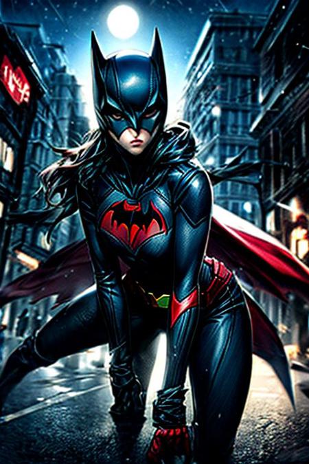 Batwoman fighting enemies on a street at night