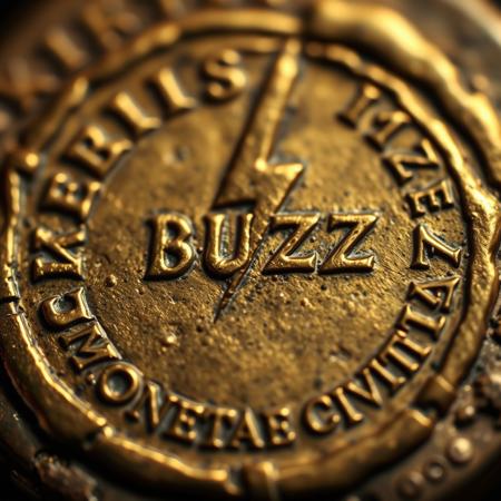 Closeup of a ancient Rome detoriated gold coin with lightning bolt symbol and text in ancient font saying BUZZ, text in around in circle shape saying "MONETAE CIVITAI", realistic, masterpiece, dramatic light, depth of field
