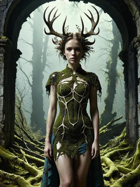 mysterious silhouette woman withsmall  antler and dress made out of moss, ruins in background, by Minjae Lee, Carne Griffiths, Emily Kell, Anna Dittmann, Steve McCurry, Geoffroy Thoorens, Aaron Horkey, amazing depth, dark and moody, grim, sinister,  surreal patterns, intricately detailed, bokeh, perfect balanced, deep fine borders, artistic photorealism, smooth, great masterwork by head of prompt engineering  <lora:ElementEarthSDXL:0.7> ElementEarth <lora:hyperkraximalism_v1-1:0.25>   <lora:add-detail-xl:0.8> <lora:zavy-cntrst-sdxl:0.8> dark, chiaroscuro, low-key