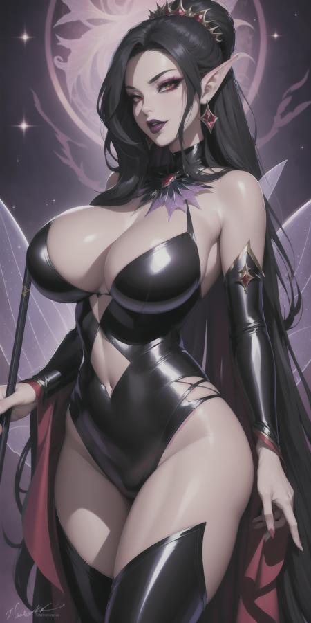 (sexy goth babe, masterpiece, perfect lighting, contemptful expression, long flowing hair, (haughty laugh:1.1), haughty expression, (corrupted innocence:1.2), red shawl, (glowing eyes:1.1), shiny clothes, sparkling clothes, glossy lips, luscious lips, (black lips, black lipstick:1.1):1.0), ((hyper-sexualized) (dark and evil) (((fairy)) godmother), sparkling outfit, bewitching thighs, surrounded by magical sparkles, mature and alluring, perfect makeup, staring at viewer, holding one magic wand:1.0), (hyper-sexualized evil:1.0)