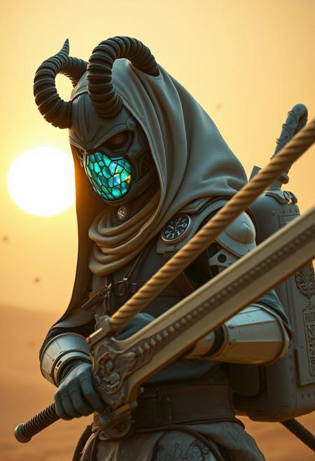 A apoclypse surreal cyberpunk setting under a gritty bleaked beige and blue-turqoise misty desert sunset, a Closeup Portrait of an eerie horned hkgod sci-fi shinobi nun-scout with billowing octopus backpack in a sandstorm, their holographic crystalline mask glinting like shattered rainbows. Iridescent black amber teal energy veins pulse across their form. The atmosphere is thick with heat distortion, glowing particles floating in the air. dark atmospheric lighting, white cybernetic armor. Wielding a massive sss great sword with intricate translucent engravings, hknuns