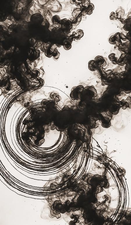 Abstract backdrop with stains of black incense smoke in concentric swirls against white background. Dramatic unusual scene. Beauty world. Retro filter and vintage style. Instagram toning effect, breathtaking photograph.