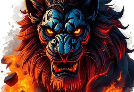 a close up of a fire lion on a Molten Destruction, few ultramarine highlights, portrait of a zentaur, venomfang, blue and black color scheme, trending on interfacelift, full view of face and body, extremely detailed brush, prince crown of black gears, fire lion, quick assembly, white solid bacgkround, median photoshop filter cutout vector behance, hd by artgerm, jesper ejsing, by rhads, makoto shinkai and lois van baarle, ilya kuvshinov, rossdraws, illustration, art by ilya kuvshinov and gustav klimt,hd,hq