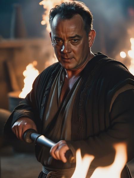 cinematic film still cinematic photo of Tom Hanks hammering a sword as a blacksmith, ash on face, fire behind background, sparks, lora:Tom_Hanks-000002:1> . shallow depth of field, vignette, highly detailed, high budget, bokeh, cinemascope, moody, epic, gorgeous, film grain, grainy