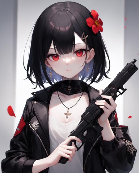 1girl, red eyes, black hair, weapon, gun, short hair, hair ornament, holding, holding weapon, looking at viewer, holding gun, solo, necklace, upper body, jacket, hair flower, jewelry, handgun, black jacket, closed mouth, aiming at viewer, long sleeves, flower