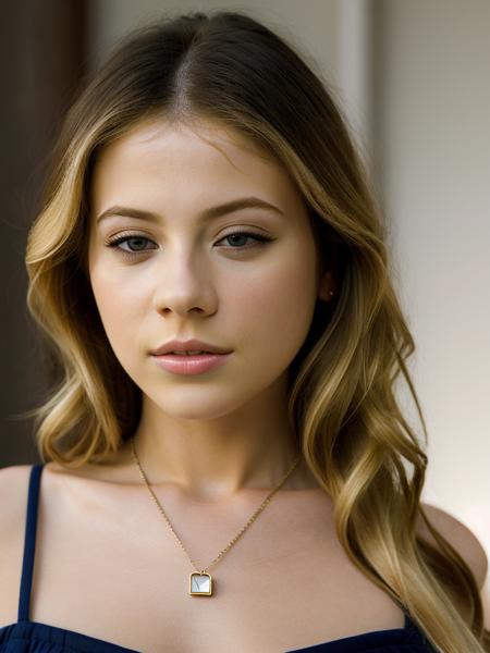 A beautiful m1ch3ll3t woman,1girl,solo,long hair,(((blonde hair))),brown eyes,jewelry,closed mouth,necklace,lips,chain,portrait,realistic,soft lighting, professional Photography, Photorealistic, detailed, RAW, analog, sharp focus, 8k, HD, high quality, masterpiece<lora:m1ch3ll3t:1.0>