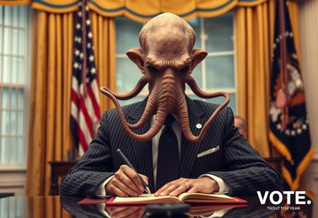 president cthulu in a sharp pin striped suit posing for presidential portrait in the oval office, real photograph, signing bill, empty eyes, lovecraftian, vote for cthulu photorealistic, correct hands, correct fingers, seal of the president of the united states, ad to vote, republican, election year