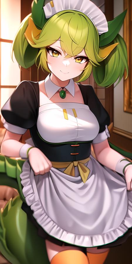 <lora:DragonmaidParlor:0.8>, (masterpiece, best quality, highres), dragonmaid_parlor, green hair, orange eyes, yellow thighhighs, upper body, closed mouth, smile, indoors, dragon tail, maid apron, short sleeves, puffy sleeves