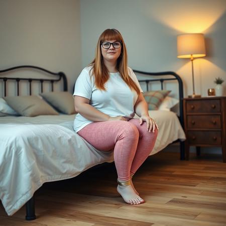 A full body shot of a chubby adult Scottish woman with long straight bangs, glasses, a white t-shirt, and pink textured leggings. She is barefoot wearingmetal cuffs on ankles sitting  the side of a daybed in a bedroom with hardwood floors. Warm lighting,