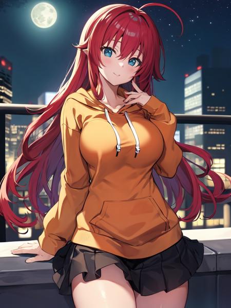 (masterpiece:1.3), (perfect quality:1.3), <lora:RiasGremory_v1.4-000004:1>, Rias Gremory, orange hoodie, black skirt, city, night, moon, sky