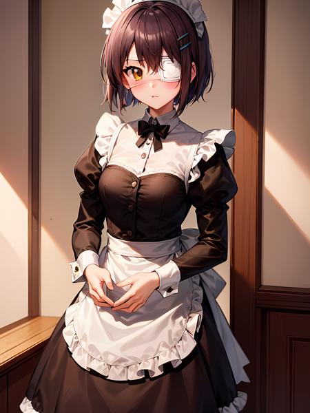 (exceptional, best aesthetic, new, newest, best quality, masterpiece, extremely detailed), 1girl, solo, shindouchihiro, eyepatch, embarrassed, maid_outfit, maid_headdress, apron, indoors, blush, looking_at_viewer