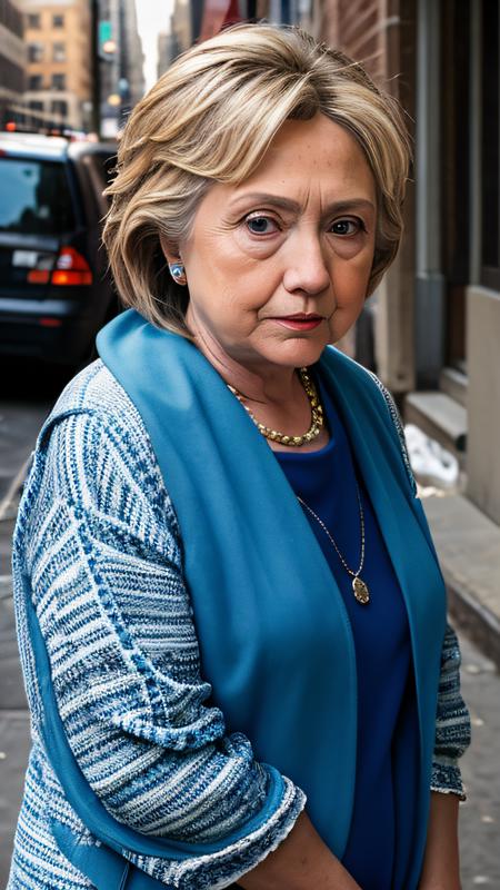 Hillary Clinton, European old woman as a very poor woman, beggar, ragged clothes, begging in New York, walking in a very dirty street, dirty city, crying in pain, whole body, full body in frame, detailed background, highly detailed face, extremely detailed, high quality, best quality, looking at viewer