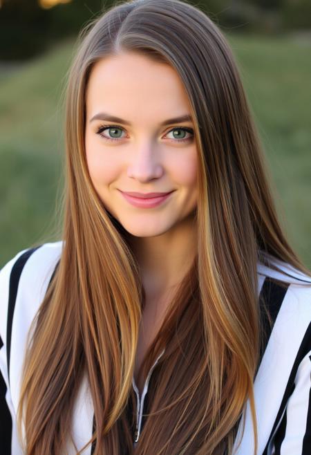 woman with long brown hair. She looks straight at the camera and smiles slightly. She has blond skin and expressive green eyes. A woman is wearing a shirt with vertical black and white stripes. Background nature, lighting is soft, sunset.