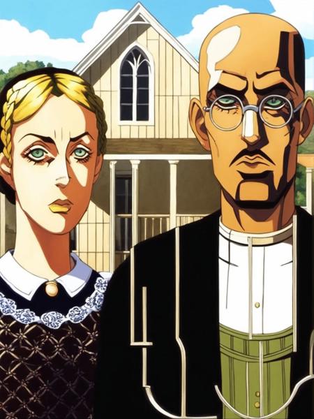 american gothic by grant wood, Very detailed, clean, high quality, sharp image, jojoso style <lora:SDXL-jojoso_style-Lora:1>