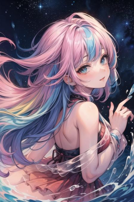 (masterpiece, top quality, best quality,watercolor (medium),official art, beautiful and aesthetic:1.2),(1girl:1.3), (fractal art:1.3),upper body, from side, looking at viewer,patterns,(rainbow color Hair,colorful hair,half blue and half pink hair:1.2),water,liquid, cloud,colorful, starry,stars,