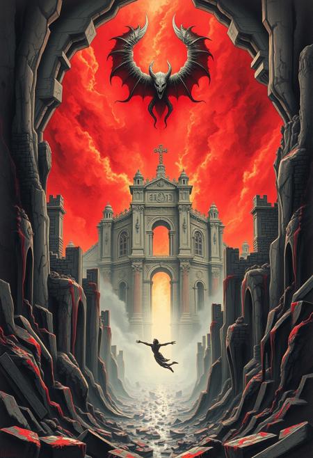 I also stood in Satan’s bosom & beheld its desolatons:
A ruin’d Man, a ruin’d building of God not made with hands;
Its plains of burning sand, its mountains of marble terrible;
Its pits & declivities flowing with molten ore & fountains
Of pitch & nitre; its ruin’d palaces & cities & mighty works;
Its furnaces of affliction, in which his Angels & Emanations
Labour with blacken’d visages among its stupendous ruins,
Arches & pyramids & porches, colonnades & domes,
In which dwells Mystery, Babylon; here is her secret place;
From hence she comes forth on the Churches in delight;
Here is her Cup fill’d with its poisons, in these horrid vales,
And here her scarlet Veil woven in pestilence & war;
Here is Jerusalem bound in chains, in the Dens of Babylon.