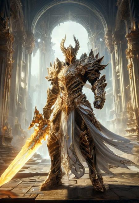A digital illustration of  a majestic, armored figure standing in a grand and ethereal environment. The figure is adorned in elaborate white and gold armor with intricate designs, and is holding a large, glowing sword. The armor and the overall aesthetic suggest a character from a high fantasy setting, possibly an angelic or holy warrior, reminiscent of characters seen in video games, fantasy artwork, or literature. The character’s face is obscured by a hood or helmet, adding to the mysterious and imposing nature of the figure. The environment around the character includes columns and a misty atmosphere, contributing to the divine and otherworldly feel of the scene. The image conveys a sense of power, divinity, and grandeur.