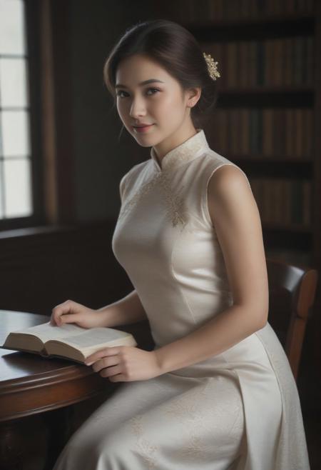 Young woman reading a book in a prvate queen library, look at viewer, brunette hair cascading over her shoulders, vivd colors  and soft whites, style candid photography, 
wearing (qipao, satin dress, short dress). (Antique royal gown:1.2) with intricate embroidery, lace collar, and gold accents, worn by a regal queen, her posture elegant and poised, mood relaxed,
looking at viewer, smiles a little, 
lighting natural light streaming through a nearby window, perspective over-the-shoulder, texture soft wool sweater and glossy wooden table.
shallow depth of field, vignette, highly detailed, high budget, bokeh, cinemascope, moody, epic, gorgeous, film grain, grainy,