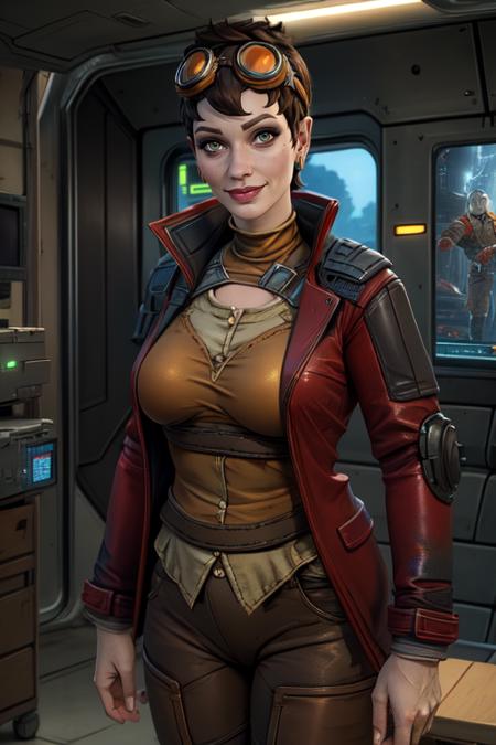 tannis, short brown hair, green eyes,
goggles on head, red jacket, tan shirt, earrings , brown footwear, pants, 
standing, upper body,  smile,  looking at viewer, 
spaceship,  medical room,  rusty, 
 (insanely detailed, beautiful detailed face, masterpiece, best quality) 
 <lora:tannis:0.7>