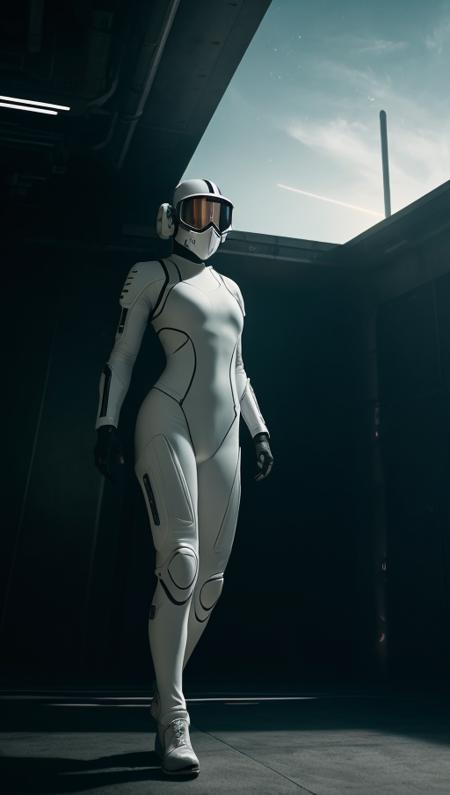 .<lora:rMadArt3_NoiseOffset:4>,  armed female figure in a white sci-fi suit (tight jumpsuit), at the spaceport, against the background of a sci-fi ship taking off, overcast, mask, sci-fi visor, sci-fi lens, sci-fi respirator, bald head, plate armor, isolated armor, third-person view from below, lots of fine detail in the style of 'pursuit' by gesaffelstein, photorealistic, cinematic lighting, dark atmosphere, volumetric lighting, action pose, epic scene, lots of fine detail, movie style, photography, natural textures, natural light, natural blur, photorealism, cinematic rendering, ray tracing, highest quality, highest detail, Cinematic, Blur Effect, Long Exposure, 8K, Ultra-HD, Natural Lighting, Moody Lighting, Cinematic Lighting, hyper-realistic,  vibrant,  8k, detailed, ultra detail,