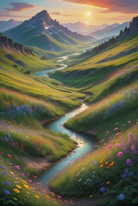 xl_kk, summer landscape, foreground of vibrant wildflowers on a rolling hill, winding river leading to a small lake, backdrop of pinty mountains of soft colour, setting sun, few volumetric clouds, vivid colours,  <lora:Saturated_Landscape_XL-KK:1>