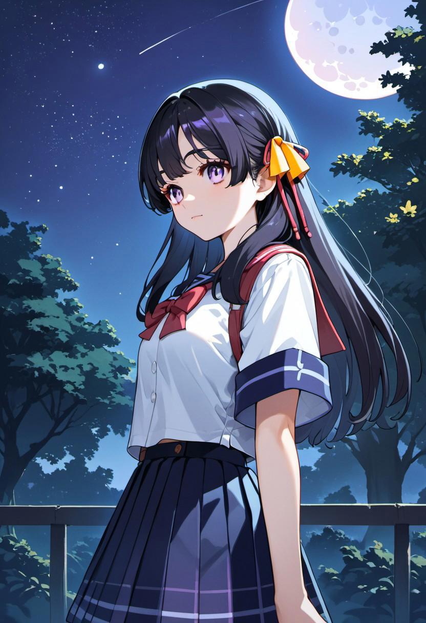 score_9, score_8_up, score_7_up, source_anime, shallistera argo, long hair, black hair, purple eyes, 1girl, solo, night, moon, sky, skirt, outdoors, school uniform, crescent moon, night sky, tree, star (sky)