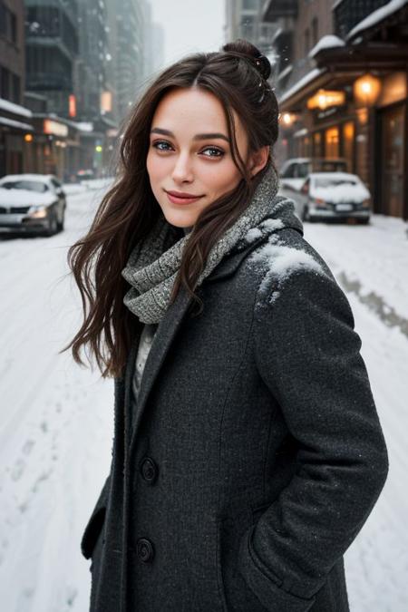 Photography of a classy woman's face,
dslr photo,
32k,
very sharp,
realistic,
highly-detailed-skin,
her hair is brown and short like she has the eerie glow that makes it feel like Keira Knightley when she was 18 years old,
it's cold and she is wearing a wool scarf and coat,
snow falling in her hair,
to otherworldly beauty in a dense urban setting setting against the soft light on their lips by jeremy mann,
smiling proudly,
hair in a tight bun,
8K resolution, 
high detail, ultra-high