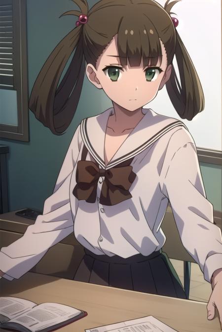 hikarikuroda, <lyco:hikarikuroda-lyco-nochekaiser:1>,
hikari kuroda, bangs, (brown hair:1.5), hair ornament, twintails, (green eyes:1.5), hair bobbles, hair rings,
BREAK school uniform, long sleeves, bow, red bow,
BREAK looking at viewer,
BREAK indoors, classroom,
BREAK <lyco:GoodHands-beta2:1>, (masterpiece:1.2), best quality, high resolution, unity 8k wallpaper, (illustration:0.8), (beautiful detailed eyes:1.6), extremely detailed face, perfect lighting, extremely detailed CG, (perfect hands, perfect anatomy),