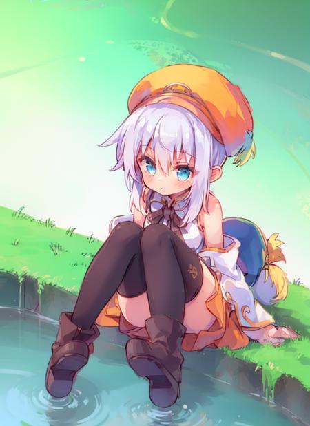 1girl, <lora:lucia:1>,hat,boots,thighhighs,orange skirt,sit,from above